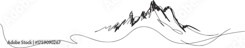 Black and white sketch of jagged mountain peaks and rolling hills drawing
