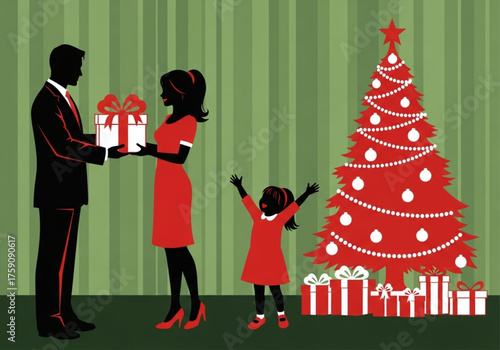 A vector silhouette illustration of a happy family exchanging gifts next to a decorated Christmas tree. The festive scene captures the joy and spirit of the holiday season.