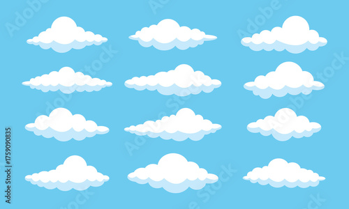 Cartoon flat white clouds set on blue background. Fluffy white cartoon clouds. Vector set of cartoon flat clouds illustration. Clouds	