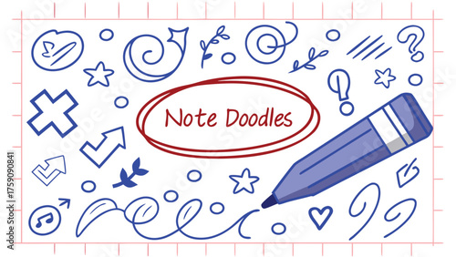 Hand drawn blue crayon and pen graphic elements for notes and emphasis
