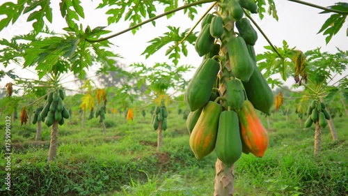 A field of papaya trees bearing ripening fruit, set against a blurred background