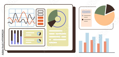 Data dashboard features pie charts, bar graphs, and progress trackers for performance analysis. Ideal for analytics, business review, data trends, performance, reporting, statistics technology
