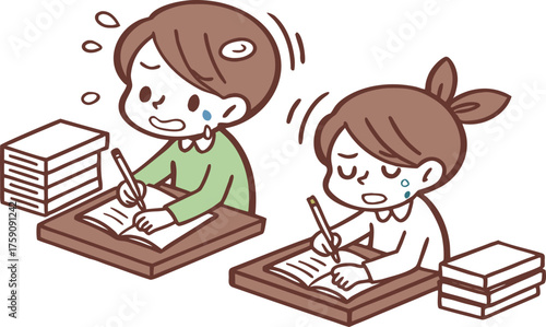 Cartoon illustration of two smiling school children, a boy and a girl, sitting and reading a book together for a lesson