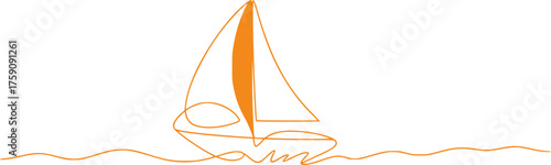 Orange sailboat on wavy water minimalist line art vector
