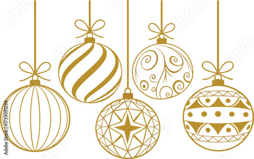 Shiny gold and blue glass Christmas balls set hanging on a holiday tree