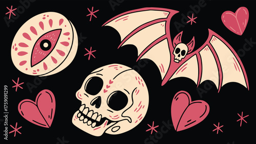 Funky hand drawn skull stickers with crowns eyes and bat wings for halloween