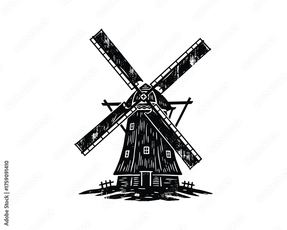 Obraz premium Traditional European Windmill Hand Drawn Farm Landscape Icon
