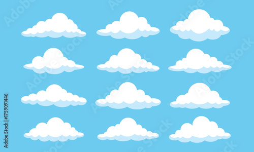 Cartoon flat white clouds set on blue background. Fluffy white cartoon clouds. Vector set of cartoon flat clouds illustration. Clouds	