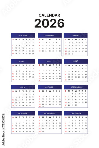 Full year 2026 calendar grid with monthly layouts