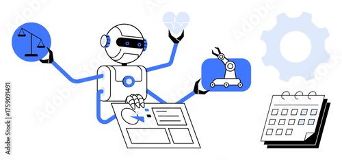 Robot with multiple arms handles justice scales, heart, industrial robot, data charts, and calendar. Ideal for AI, robotics, automation healthcare legal tech data science task management. Simple