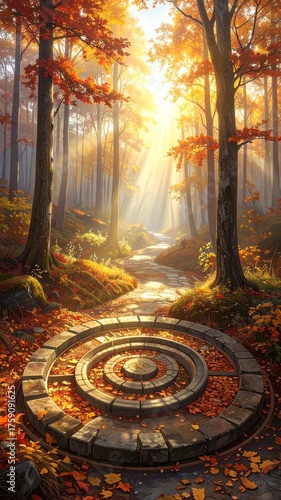 Autumnal Forest Portal - A Mystical Path Through Golden Leaves.