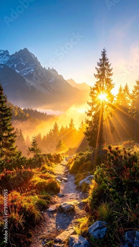 Golden Sunrise Over a Mountain Forest Trail.