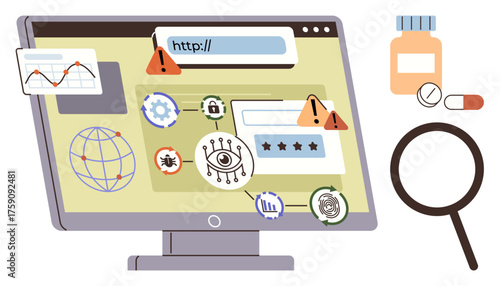 Browser with warning signs, cybersecurity symbols, rating indicators, and malware icons. Magnifying glass and medicine nearby. Ideal for technology, internet safety, research, analysis online