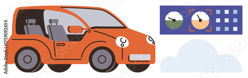 Orange car with dashboard metrics, cloud graphic, and connected visuals. Ideal for automotive, smart tech, energy efficiency, innovation, mobility trends eco-travel sustainability. Simple flat