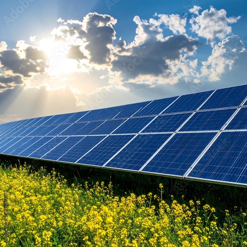 An array of blue solar panels captures sunlight under a bright sky, set in a field of yellow flowers