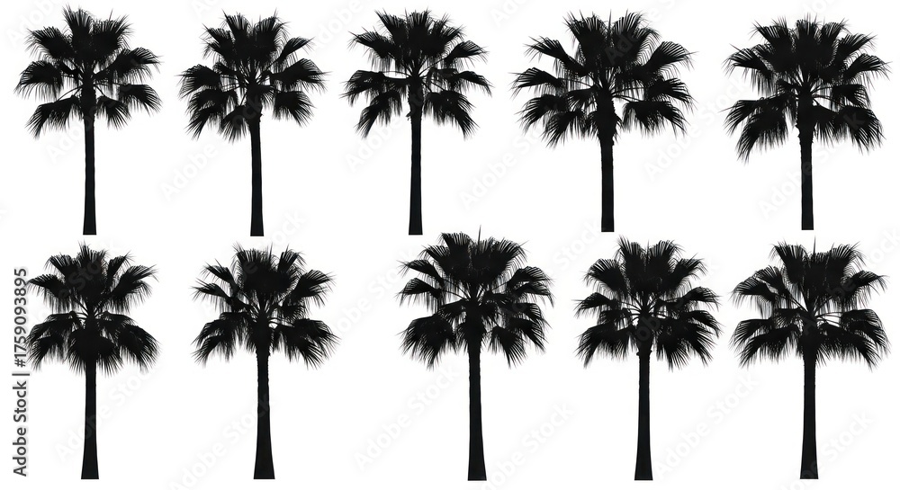 Fototapeta premium Silhouettes of ten palm trees arranged in two rows against a white background