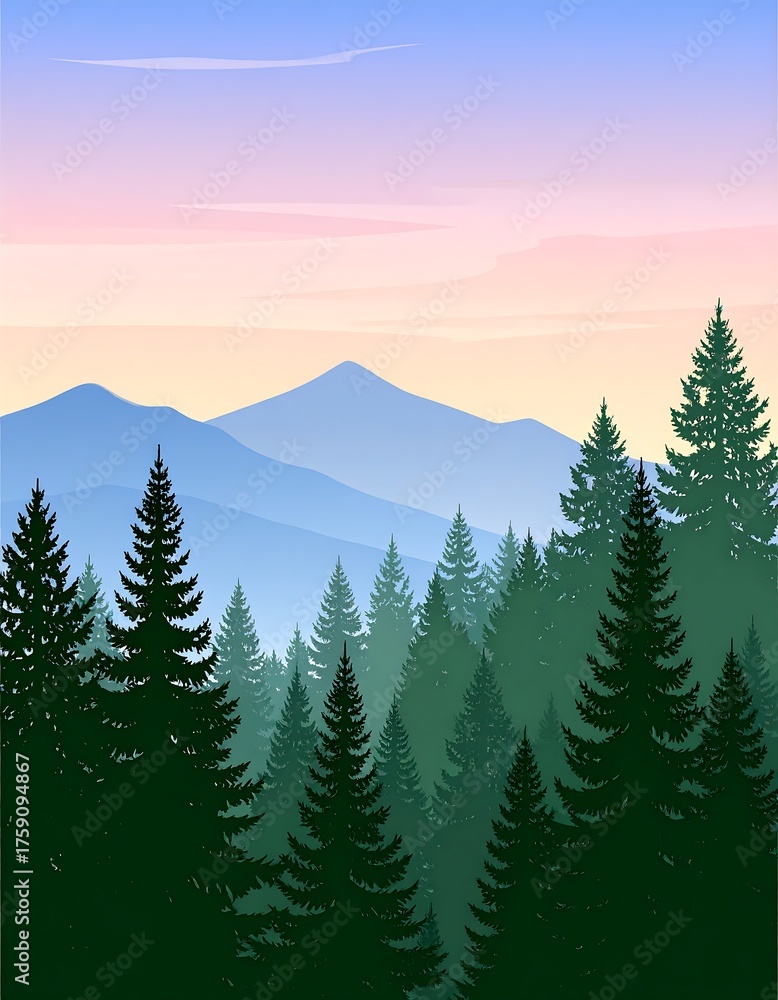 Fototapeta premium An illustration of a layered forest in a gradient, with tall trees, distant mountains, and a pastel-colored sky