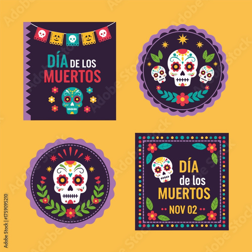 Design of dia de muertos badge collection vector illustration