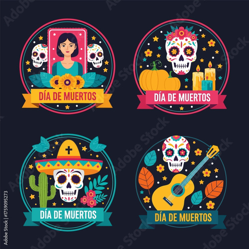 Flat design of dia de muertos badge collection