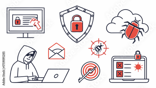 Strengthen Your Cybersecurity Today A comprehensive outline showcases hacker character, shield with padlock, e-mail, target, computer with lock, and other symbols of internet security