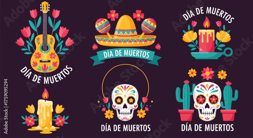 Design of dia de muertos badge collection vector illustration