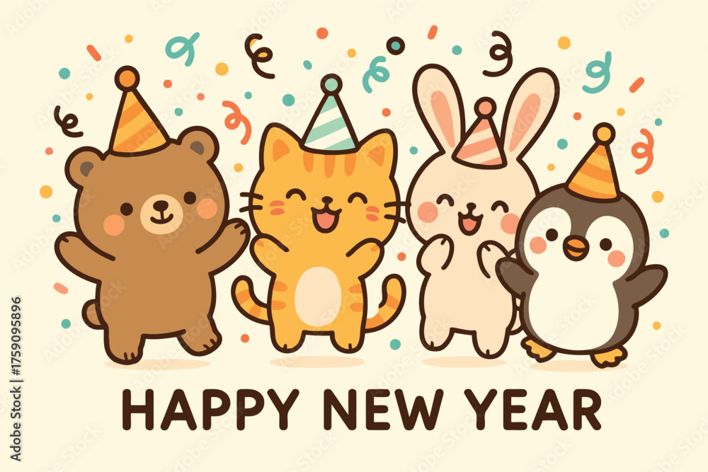 Naklejka premium Cute animals celebrate happy new year with party hats and confetti