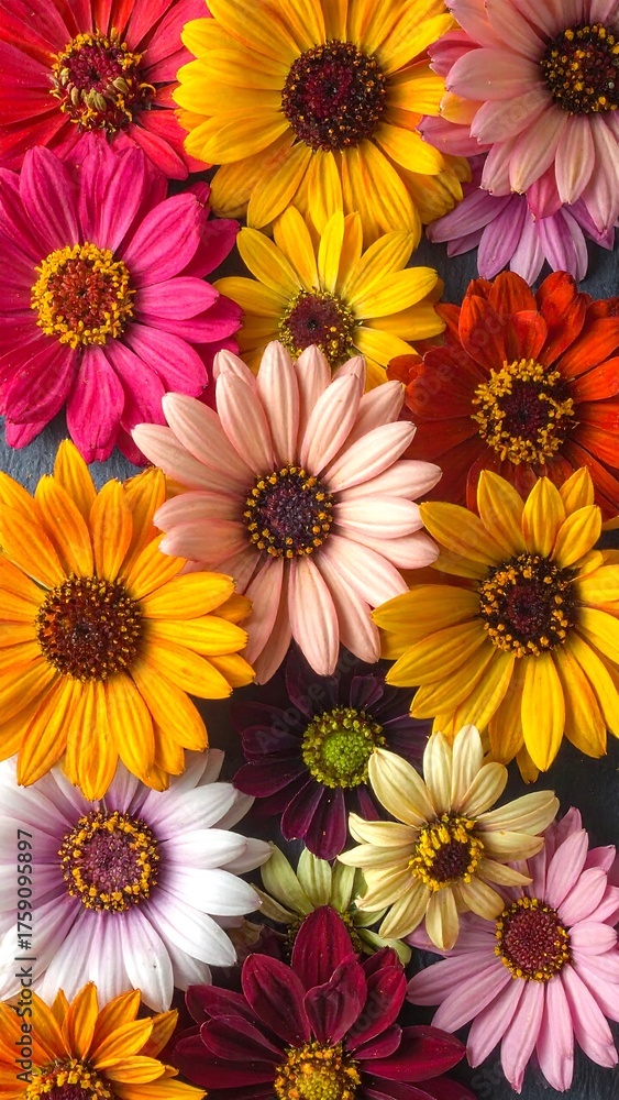 Fototapeta premium Close-up vibrant display of diverse, colorful blossoms, capturing the beauty of various daisy-like blooms
