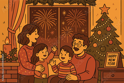 Family celebrates new year s eve watching fireworks