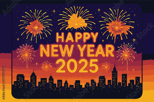 Happy new year 2025 cityscape fireworks celebration