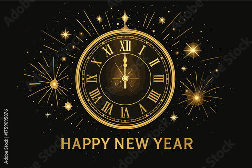 Golden clock strikes midnight with fireworks for happy new year celebration
