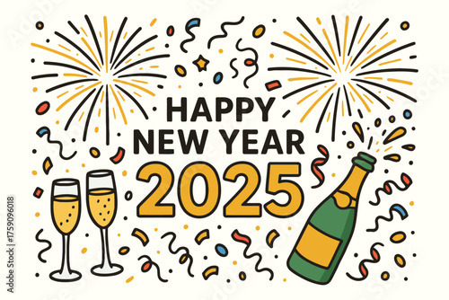 Happy new year 2025 celebration with fireworks and champagne