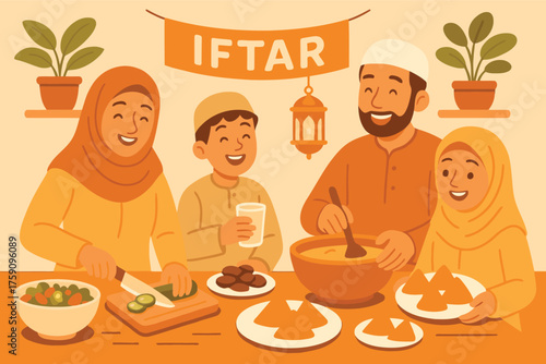 Happy muslim family enjoying iftar meal together during ramadan