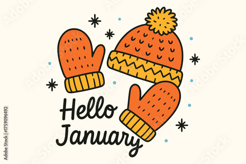 Cozy orange winter hat and mittens with hello january text