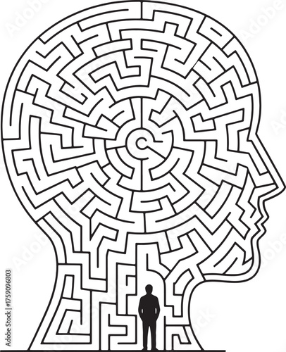 The Complex Mind: Silhouette of Man Navigating the Intricate Maze within a Human Head