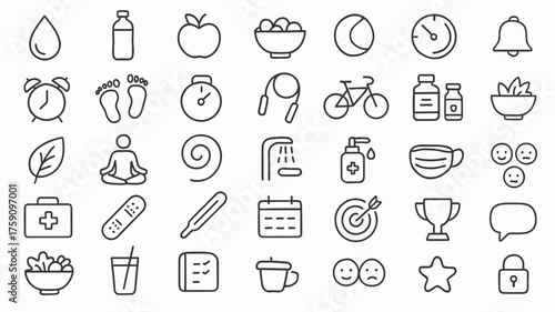 Health and wellness icons including food, fitness, and mindfulness  