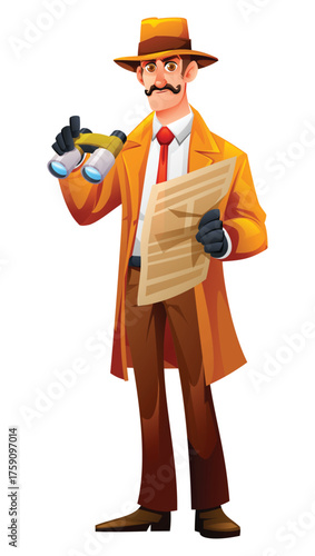 Detective character. Private investigator man holding binoculars and a newspaper, looking for clues. Vector cartoon illustration