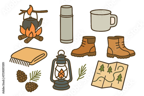 Camping gear collection with fire, boots, and map illustration  