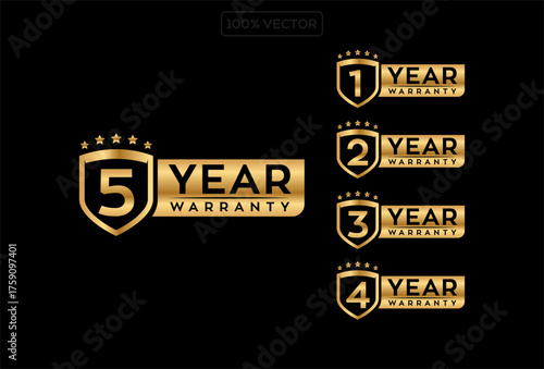 Warranty shield logo  set of one, two, three and five years old warranty with shiny effect in golden color. 1, 2, 3, 5 years warranty logo in shield