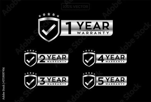 Silver warranty badges showing 1 to 5 years on shield icons with stars and text illustration