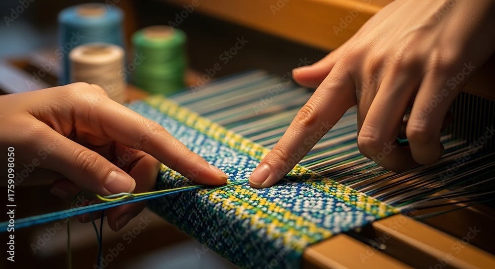 Fototapeta premium Close-up of intricate hand weaving on a loom, showcasing skilled craftsmanship and textile art, highlighting the