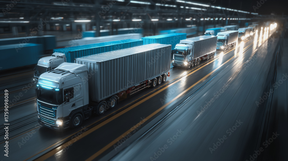 Fototapeta premium Top eyes view Smart Innovation connection cyber security Container truck in ship port for business Logistics transportation of Container Cargo ship Cargo plane with working crane bridge in shipyard