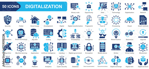 Digitalization collection icon set. Binary code, opportunity, Data, Technology, network, Digital Transformation, Processing, innovation. Simple flat vector.