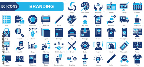 Branding collection icon set. Logo, Color palette, Identity, Design, Color circle, Billboard, Pencil, Sticker. Simple flat vector.