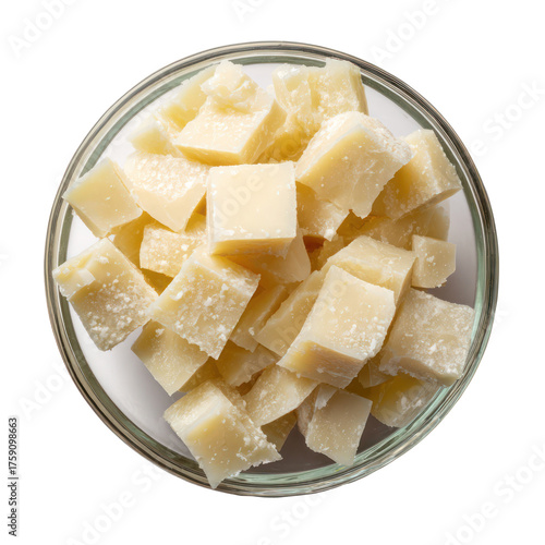 Bowl of cubed cheese isolated on transparent background