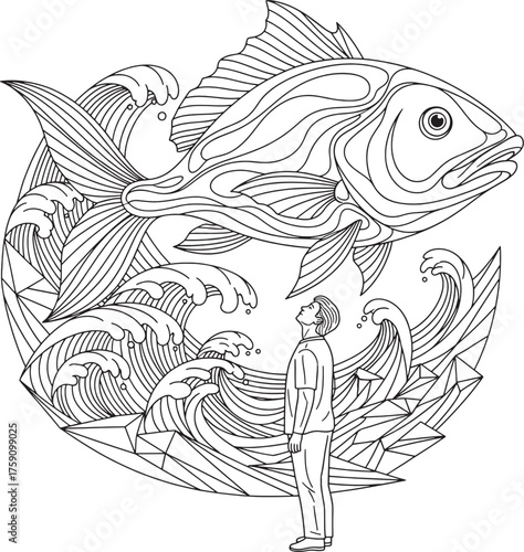 Man Gazing at Giant Fish in Abstract Waves: Aspiration and Overcoming Challenges Concept.