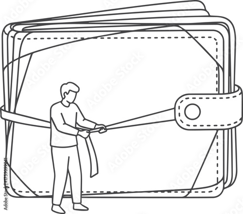 Minimalist Line Art of Man Struggling to Open Oversized Wallet