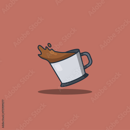 Cartoon vector illustration of a white enamel coffee cup with brown liquid splashing out. Simple flat style icon perfect for coffee shop branding, cafe poster