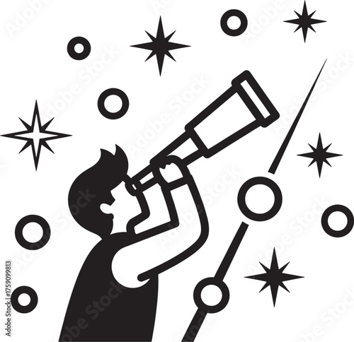 Minimalist Icon of Person Looking Through Telescope at Night Sky