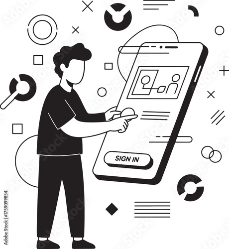 Man Interacting with Large Mobile Phone UI: Secure Sign-In and Application Access.