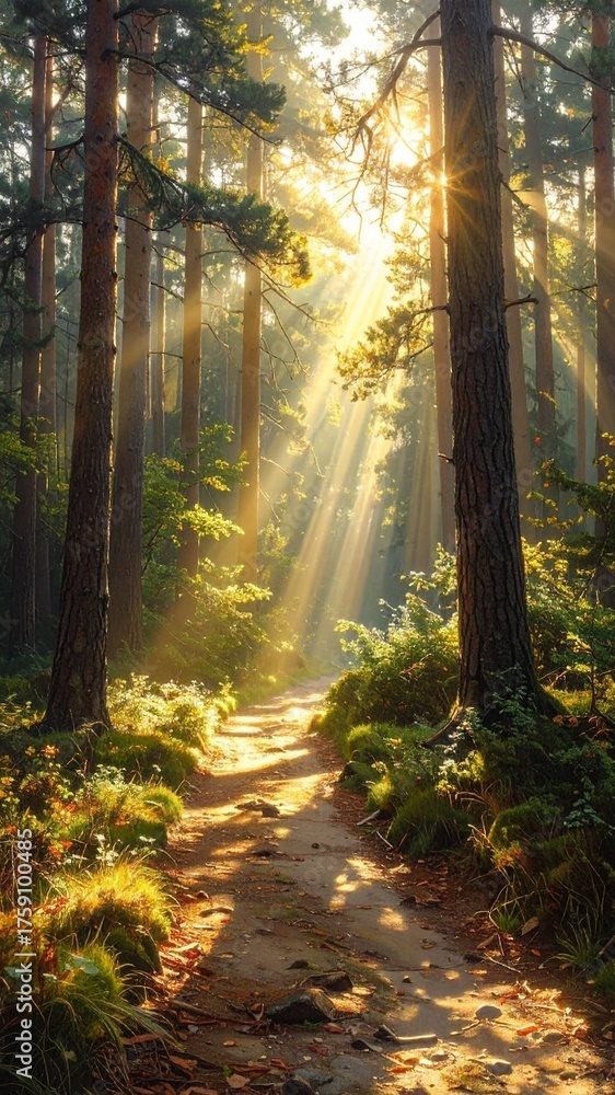 Fototapeta premium Sunlit Forest Path - A Serene Woodland Scene.